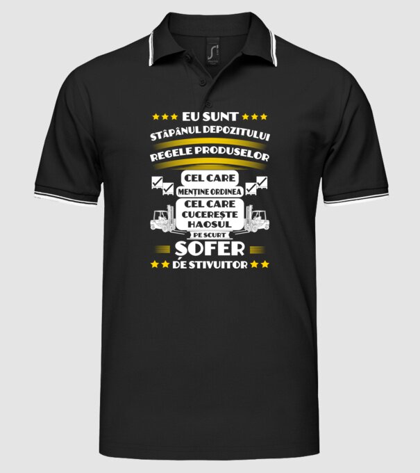 eu sunt stăpânul depozitului, regele produselor, cel care menține ordinea, cel care cucerește haosul, pe scurt, șofer de stivuit model negru pe tricou