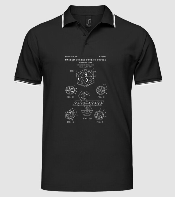 Icosahedron decimal dice patent model negru pe tricou