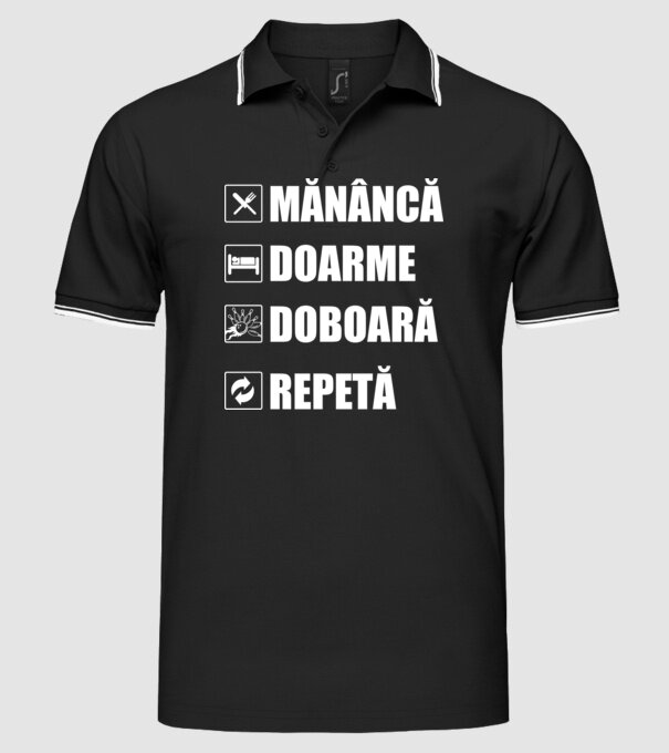 mănâncă doarme doarme doboară repetă model negru pe tricou