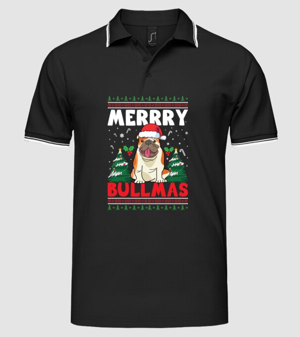 Merry bullmas ugly sweater model negru pe tricou