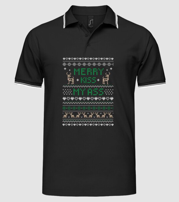 Merry kiss my ass ugly sweater model negru pe tricou