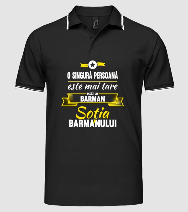 O singură persoană este mai tare decât un barman, soția barmanului model negru pe tricou