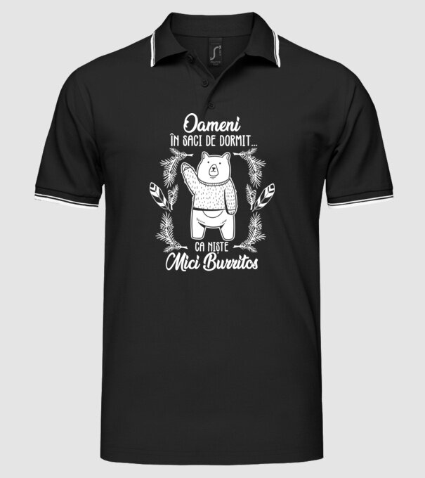 oameni în saci de dormit... ca niște mici burritos model negru pe tricou