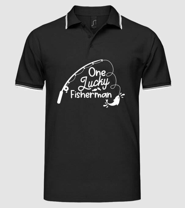 One lucky Fisherman model negru pe tricou