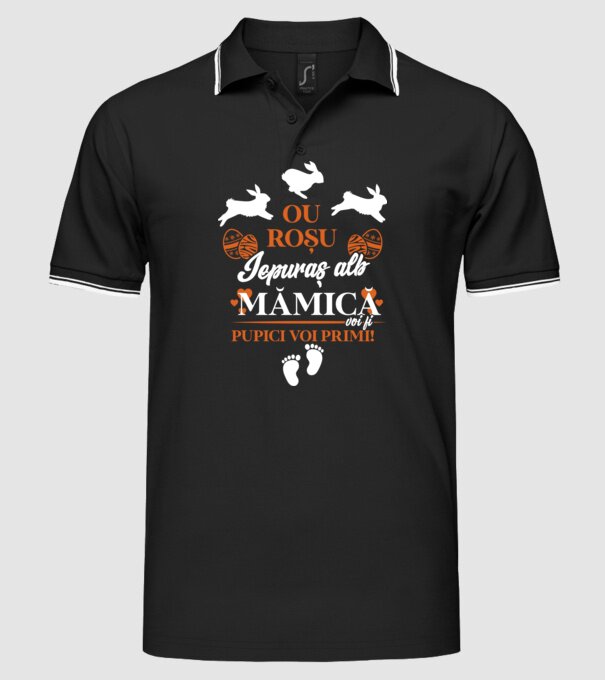 Ou roșu, iepuraș alb, mămică voi fi pupici voi primi! model negru pe tricou