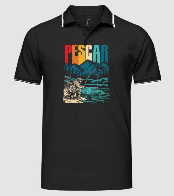 Pescar retro model negru pe tricou