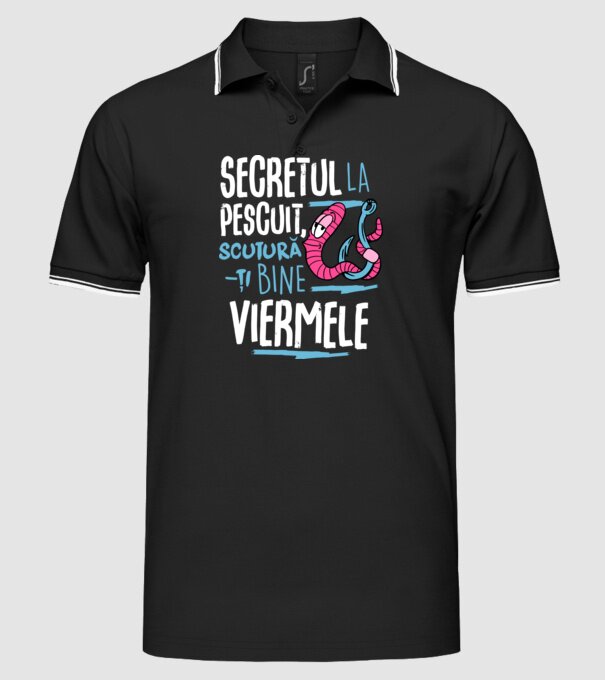 Secretul la pescuit scutură-ți bine viermele model negru pe tricou