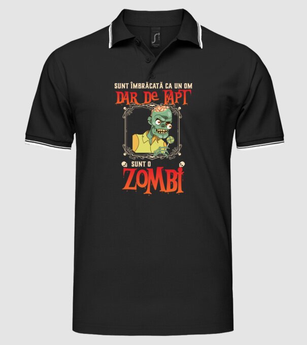 sunt îmbrăcat ca un om, dar de fapt sunt un zombi model negru pe tricou
