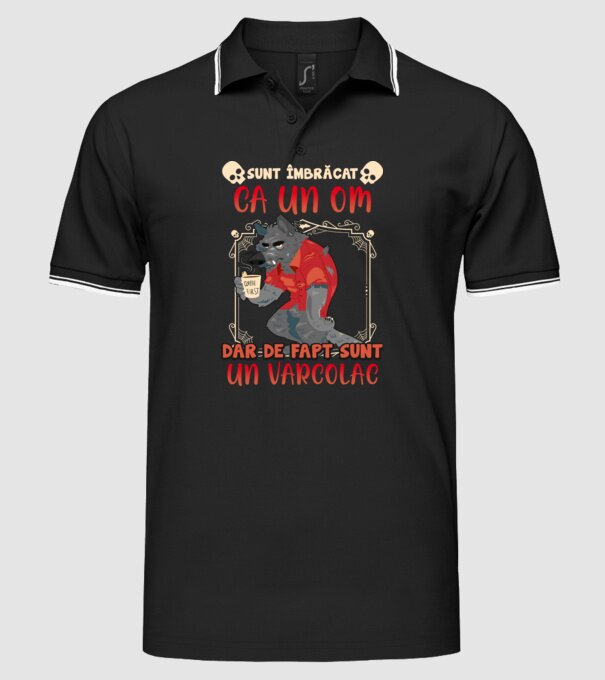 sunt îmbrăcat ca un om, dar de fapt sunt un vârcolac model negru pe tricou