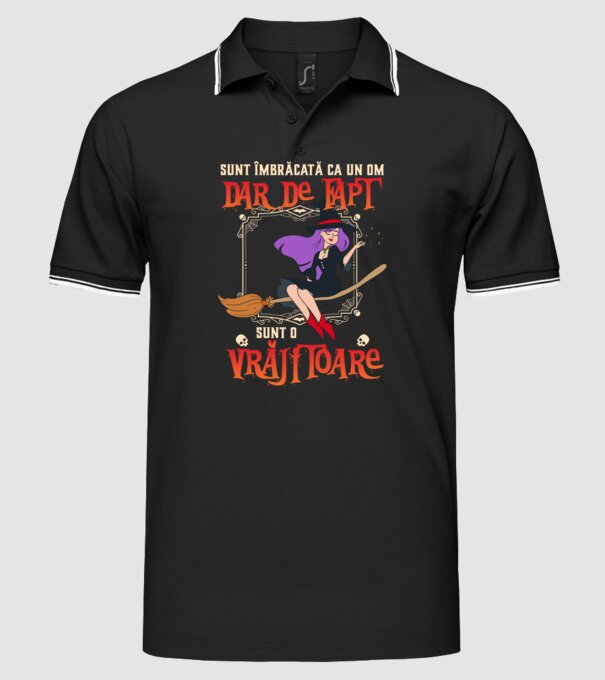 sunt îmbrăcată ca un om, dar de fapt sunt o vrăjitoare model negru pe tricou