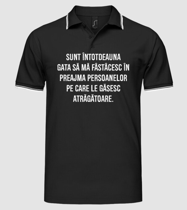 Sunt întotdeauna gata să mă fâstâcesc în preajma persoanelor pe care le găsesc atrăgătoare. model negru pe tricou