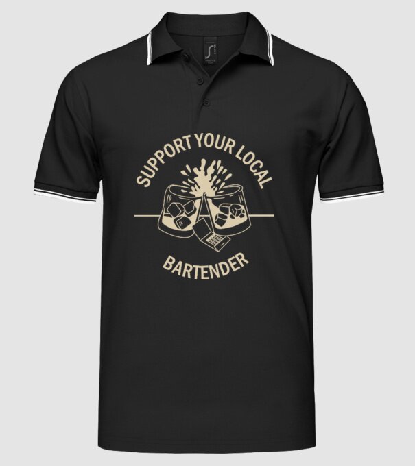 Support your local bartender model negru pe tricou