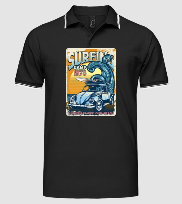 Surfer Camp model negru pe tricou