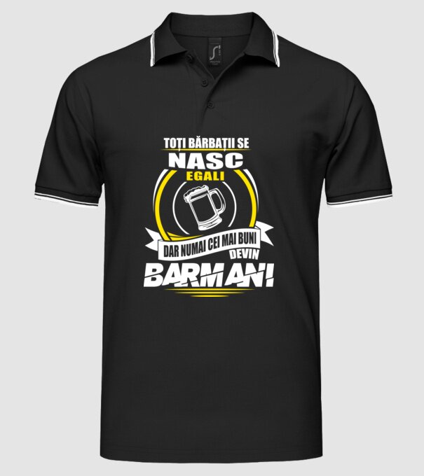 Toți bărbații se nasc egali barmani model negru pe tricou