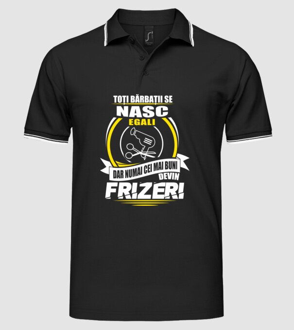 Toți bărbații se nasc egali frizeri model negru pe tricou