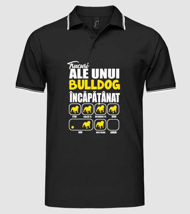 trucuri ale unui bulldog englezesc încăpățânat stai, culcă-te, întoarce-te, vino, adu, bate palma, rămâi model negru pe tricou
