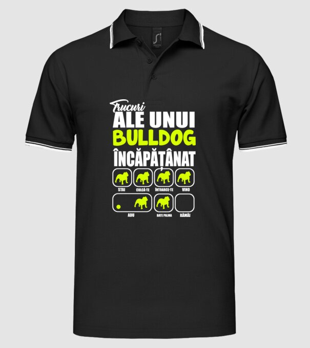 trucuri ale unui bulldog englezesc încăpățânat stai, culcă-te, întoarce-te, vino, adu, bate palma, rămâi model negru pe tricou