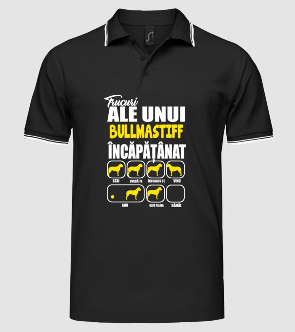 trucuri ale unui bullmastiff încăpățânat stai, culcă-te, întoarce-te, vino, adu, bate palma, rămâi model negru pe tricou