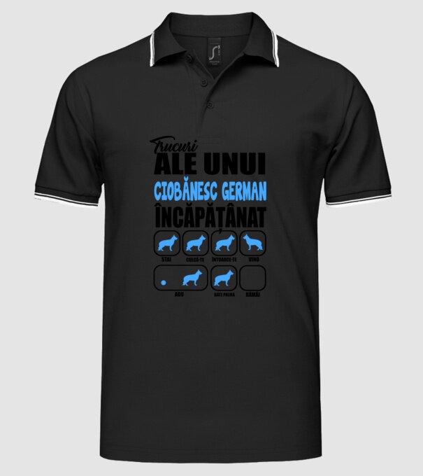 trucuri ale unui ciobănesc german încăpățânat stai, culcă-te, întoarce-te, vino, adu, bate palma, rămâi model negru pe tricou