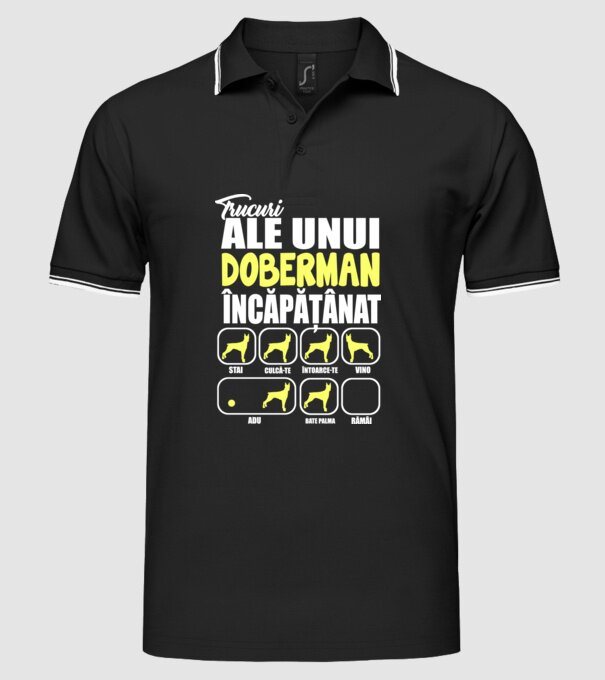 trucuri ale unui doberman încăpățânat stai, culcă-te, întoarce-te, vino, adu, bate palma, rămâi model negru pe tricou