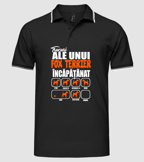 trucuri ale unui fox terrier încăpățânat stai, culcă-te, întoarce-te, vino, adu, bate palma, rămâi model negru pe tricou