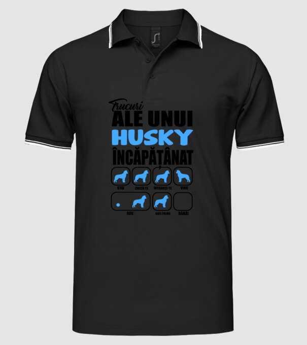 trucuri ale unui husky încăpățânat stai, culcă-te, întoarce-te, vino, adu, bate palma, rămâi model negru pe tricou