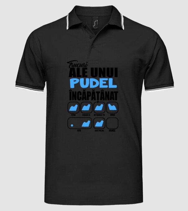trucuri ale unui pudel încăpățânat stai, culcă-te, întoarce-te, vino, adu, bate palma, rămâi model negru pe tricou