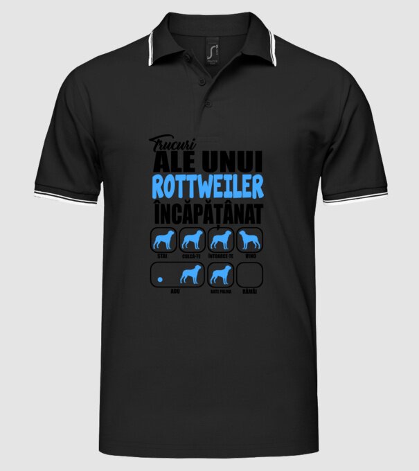 Trucuri ale unui rottweiler încăpățânat stai, culcă-te, întoarce-te, vino, adu, bate palma, rămâi model negru pe tricou