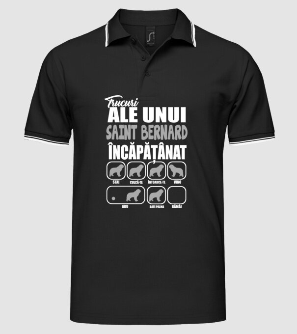 trucuri ale unui Saint Bernard încăpățânat stai, culcă-te, întoarce-te, vino, adu, bate palma, rămâi model negru pe tricou