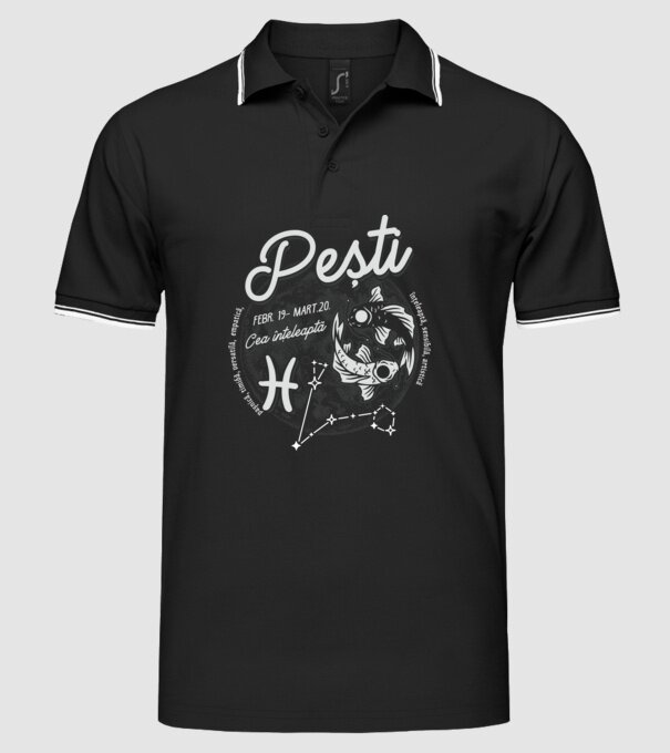 Zodiac femeie PEȘTI retro model negru pe tricou