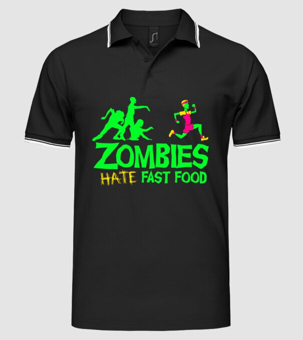 Zombies Hate Fast Food model negru pe tricou