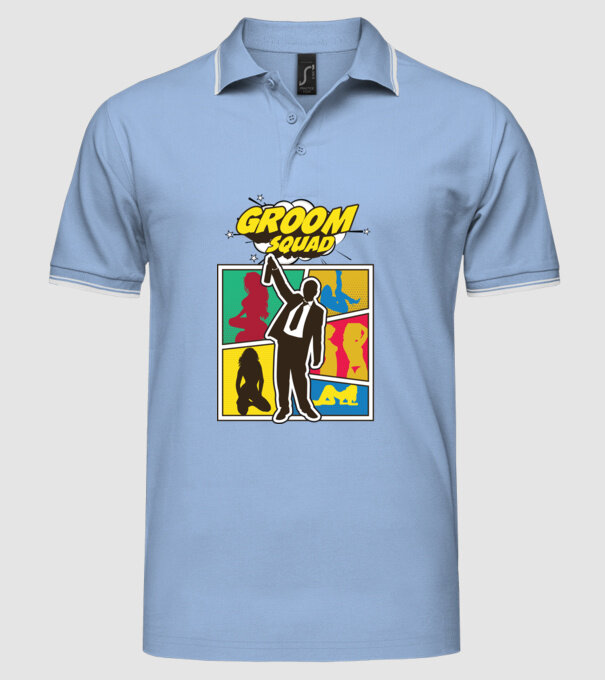 Comic Groom Squad model albastru deschis pe tricou