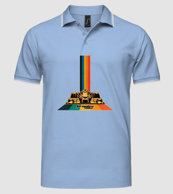 f1 retro car model albastru deschis pe tricou