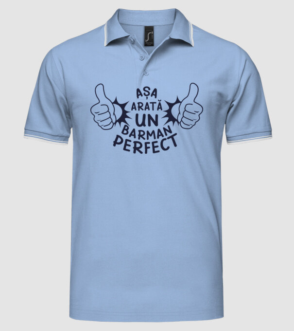 Așa arată un BARMAN perfect model albastru deschis pe tricou