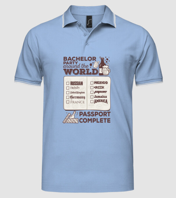 Bachelor Party World tour model albastru deschis pe tricou