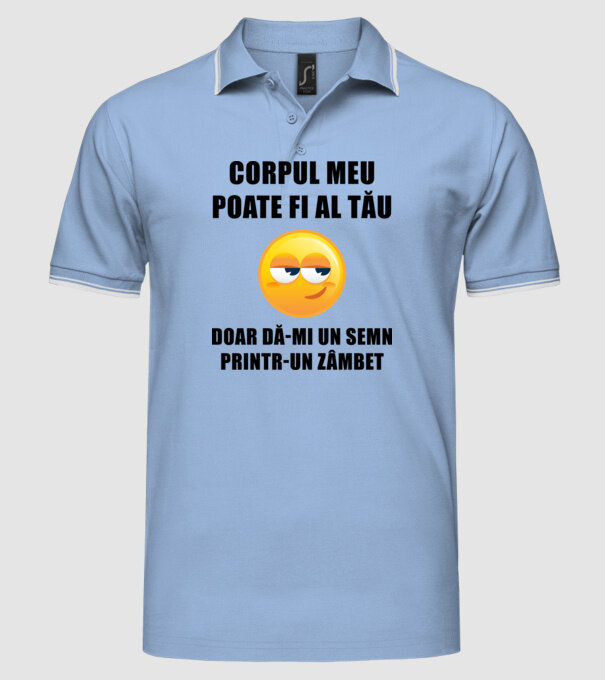 corpul meu poate fi al tău, doar dă-mi un semn printr-un zâmbet model albastru deschis pe tricou