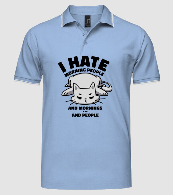 I hate morning people antisocial cat model albastru deschis pe tricou