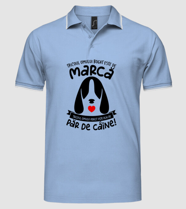 tricoul omului bogat este de marcă, tricoul omului fericit este plin de păr de câine model albastru deschis pe tricou
