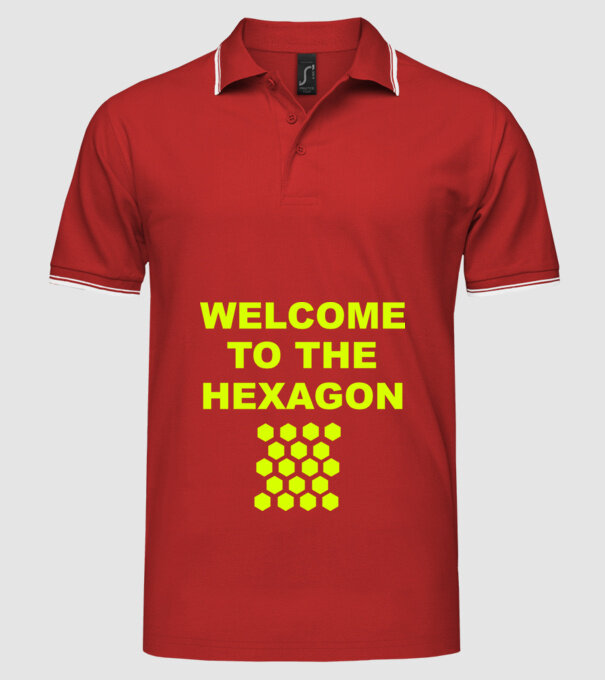 Welcome to the hexagon model roșu pe tricou