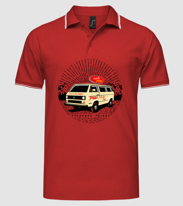 surfer boy pizza bus stranger things model roșu pe tricou