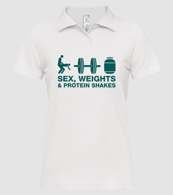 Sex, weights and protein shakes model alb pe tricou
