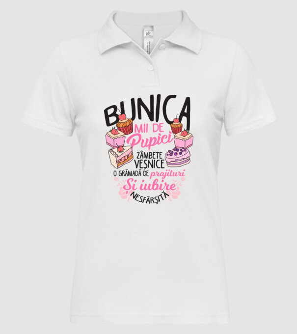 bunica - mii de pupici, zâmbete veșnice, o grămadă de prăjituri și iubire nesfârșită model alb pe tricou