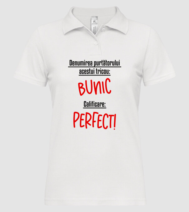 Denumirea purtătorului acestui tricou: bunic! Calificare: Perfect! model alb pe tricou