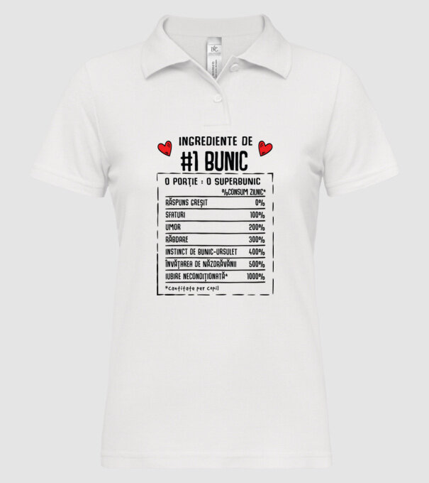 Ingrediente Bunic - o porție : un superbunic - %consum zilnic* răspuns greșit, sfaturi, umor, răbdare, instinct de bunic-ursuleț model alb pe tricou