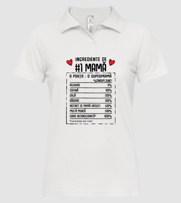 Ingrediente de Mamă - o porție : o supermamă - %consum zilnic* relaxare, cofeină, grijă, răbdare, instinct de mamă-ursuleț, mult model alb pe tricou