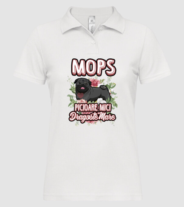 Mops negru picioare mici dragoste mare model alb pe tricou