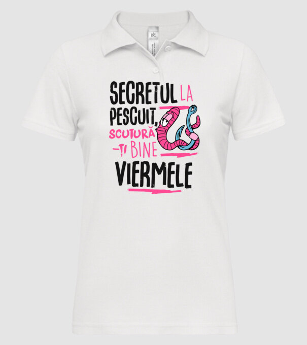 Secretul la pescuit scutură-ți bine viermele model alb pe tricou