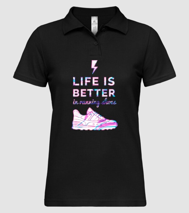 Life is better running shoes HOLO model negru pe tricou