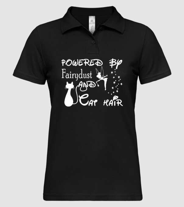 Powered by fairydust and cat hair model negru pe tricou