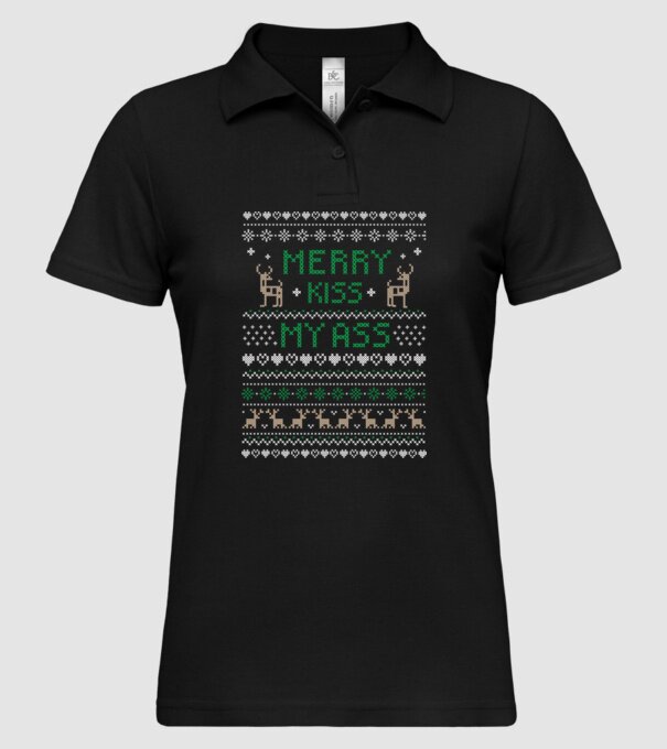 Merry kiss my ass ugly sweater model negru pe tricou